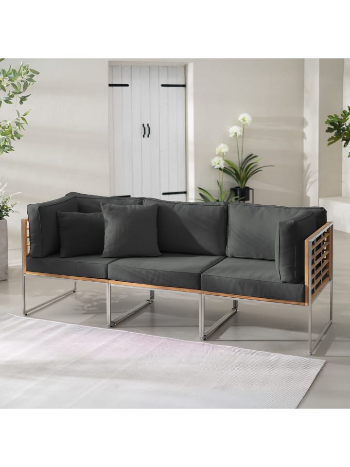 home24 Loungesofa 3-teilig - Webstoff / Teak massiv / Edelstahl - Hellgrau - 210 x 74 x 70 cm in Anthrazit