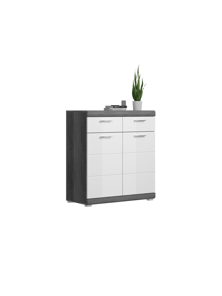 Schuhschrank (B/H/T: 90x96x37 cm) in Rauchsilber und weiß Hochglanz