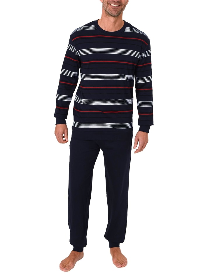 Schlafanzug lang Pyjama Bündchen Kuschel interlock in marine