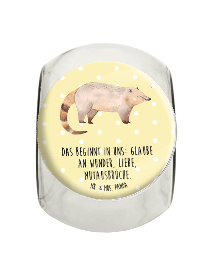 Bonbonglas Nasenbär mit Spruch in Gelb Pastell