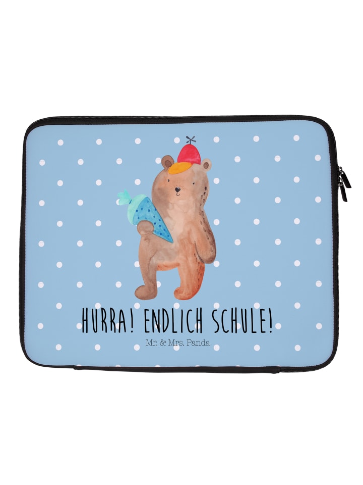 Laptophülle Bär Schultüte mit Spruch in Blau Pastell