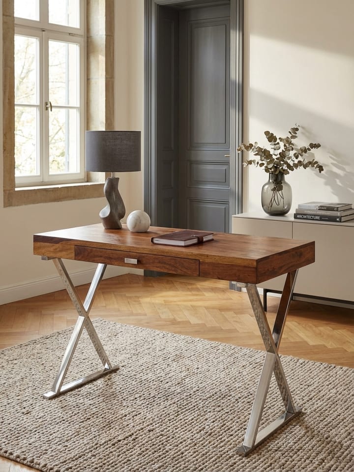 Schreibtisch 120x55x78 cm Sheesham Massivholz / Metall Chrom in Braun-Silber