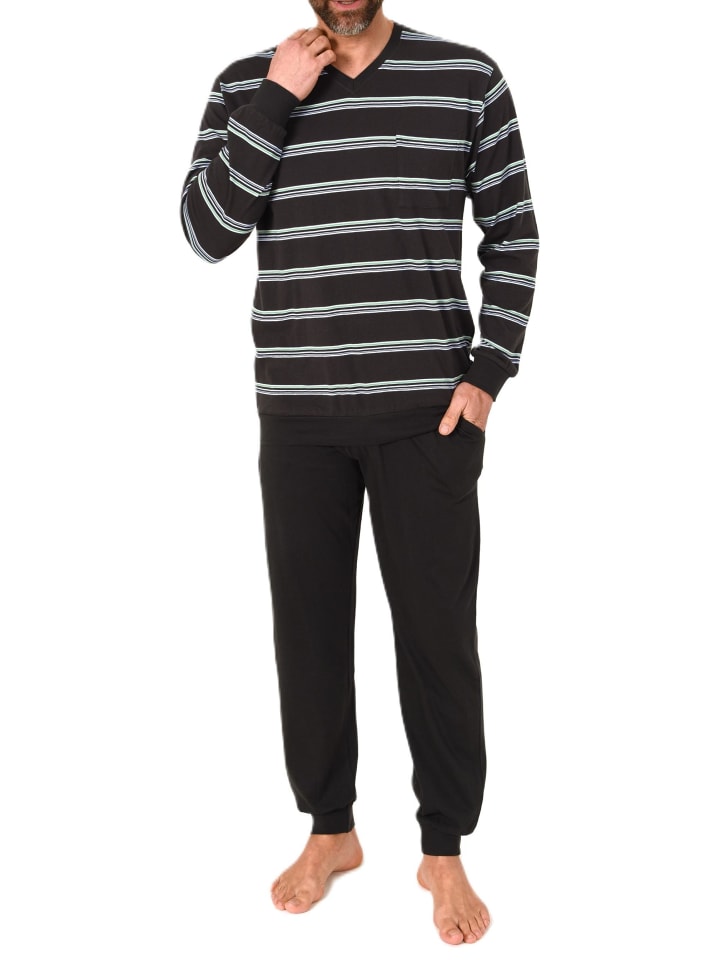Langarm Schlafanzug Pyjama Bündchen Streifen - 84140 in dunkelgrau