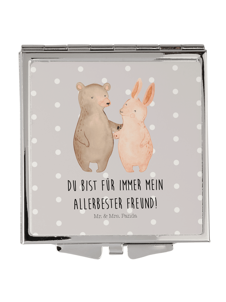 Schminkspiegel Bär und Hase Umarmen mit Spruch in Grau Pastell