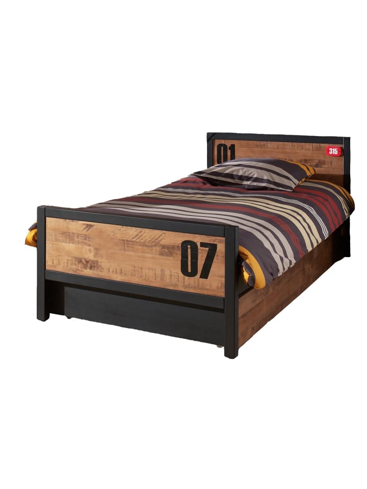 EINZELBETT Kameko 209x75x97 aus Massivholz+MDF in Schwarz/Natur