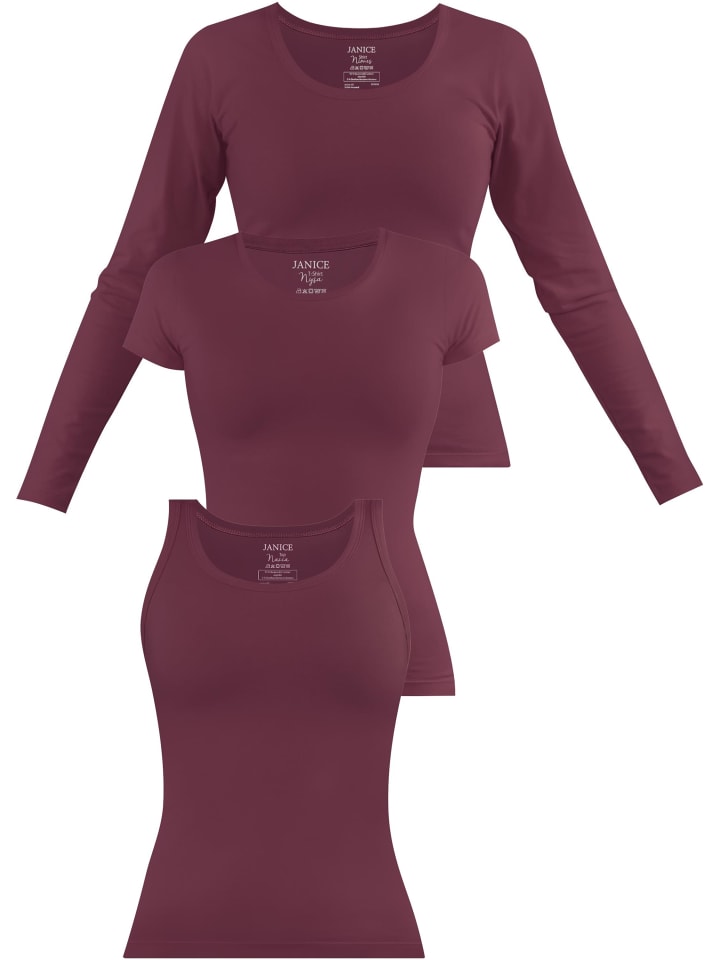 Damen Shirt 3-er Set (Top, Kurzarmshirt und Langarmshirt) in Burgund