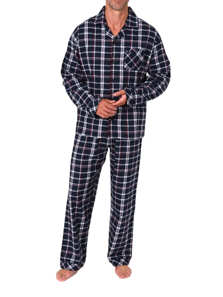 Lange Flanell Schlafanzug Pyjama kariert - 88127 in marine/rot