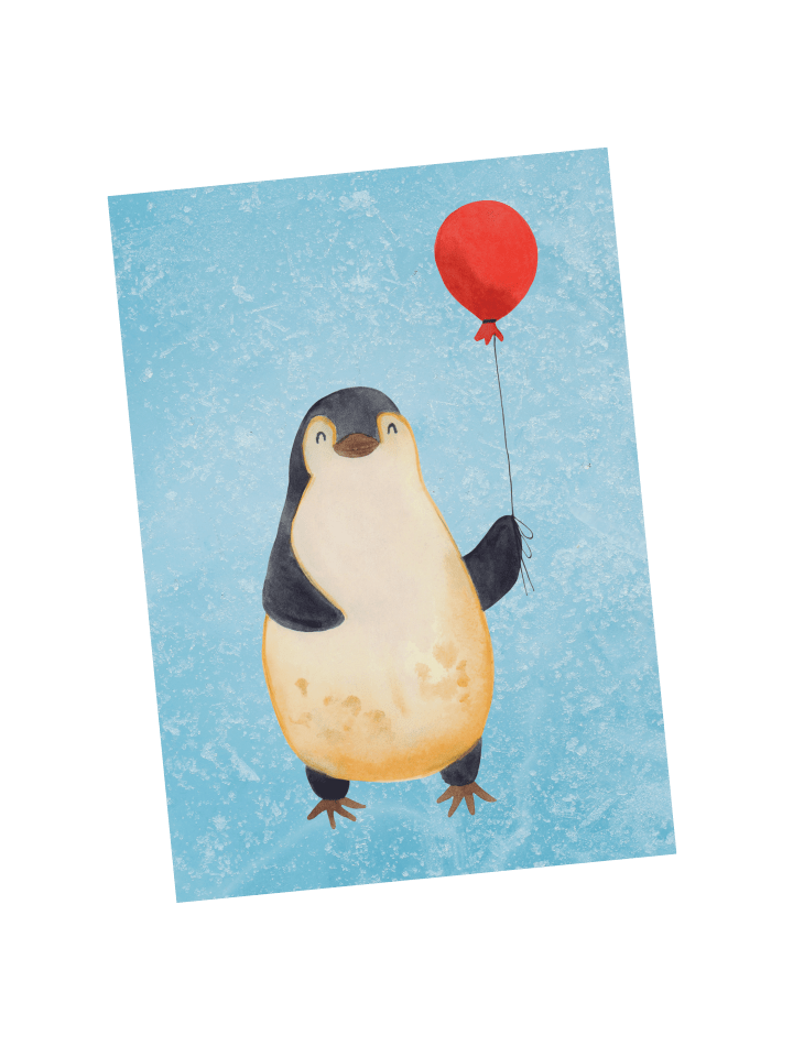 Postkarte Pinguin Luftballon ohne Spruch in Eisblau