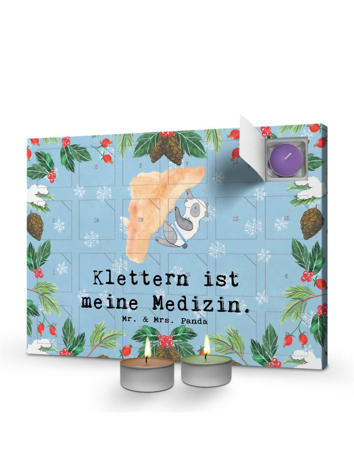 Adventskalender Panda Klettern mit Spruch in Eisblau
