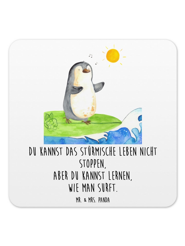 Coaster Pinguin Surfer mit Spruch in Weiß