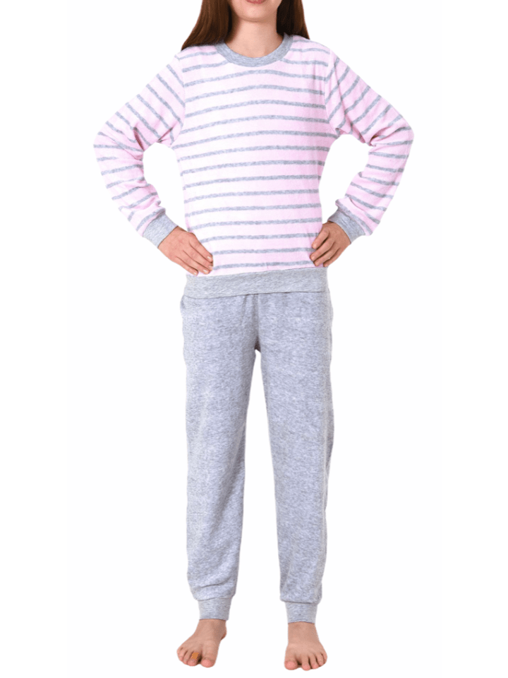 Frottee Pyjama langarm Bündchen Schlafanzug Herz - 55938 in rosa