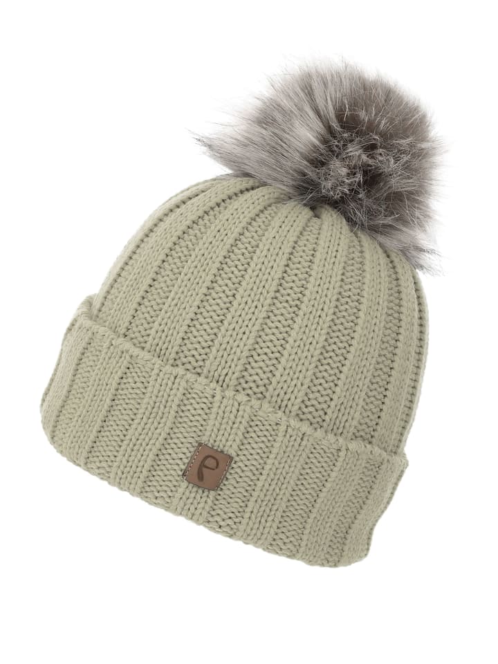 Warme Beanie Strickmütze mit Bommel Thermo Futter in Hellbraun