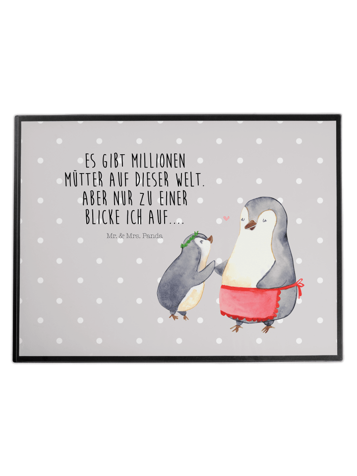 Schreibunterlage Pinguin mit Kind mit Spruch in Grau Pastell