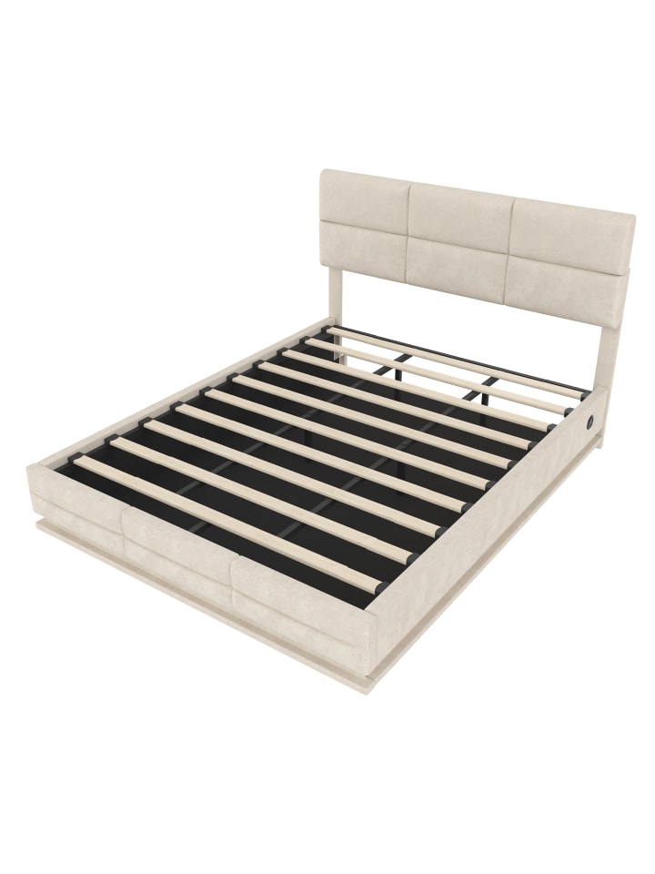 Polsterbett in Beige mit hydraulischem Lift-System, USB und Lattenrost 180x200