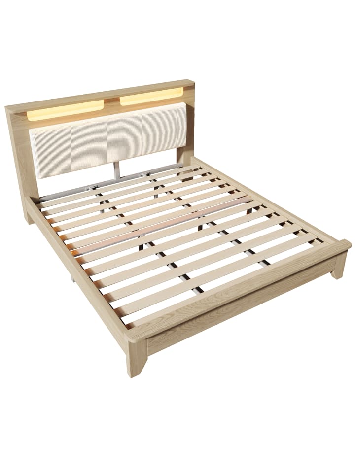 Doppelbett Holzbett 140×200cm Kopfteil mit Stauraum und LED, helle Eiche