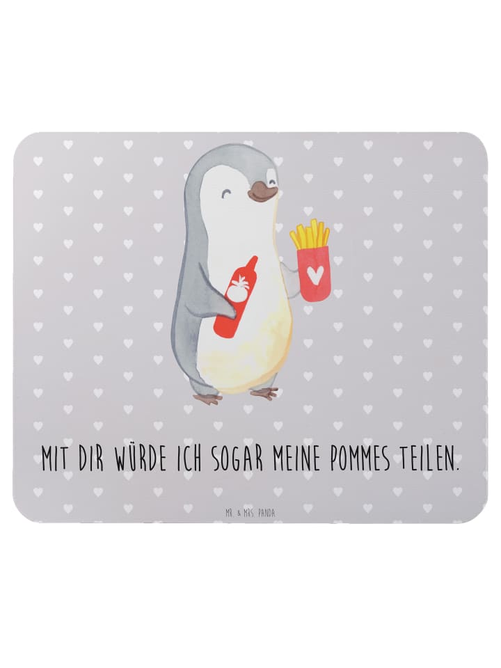 Mauspad Pinguin Pommes mit Spruch in Grau Pastell