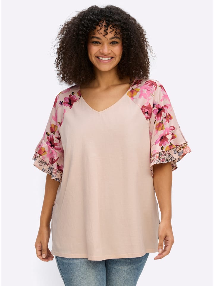 3/4-Arm-Bluse in apricot-fuchsia-gemustert