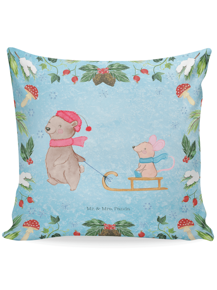 Kissen 40x40 Bär und Maus Schlitten ohne Spruch in Eisblau