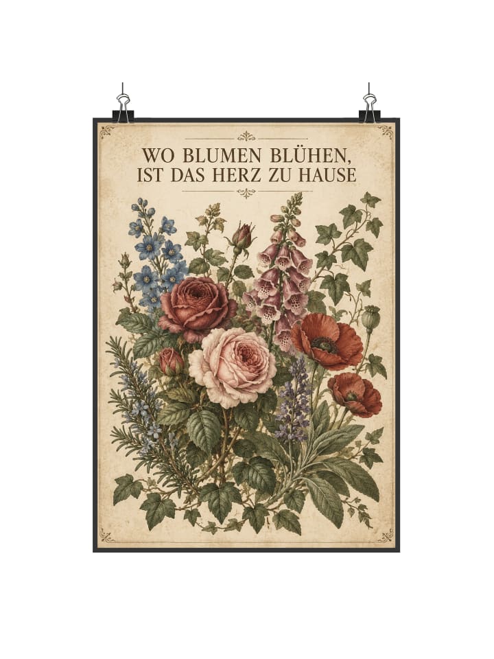 Poster Blumen nostalgisch Design mit Spruch in Weiß