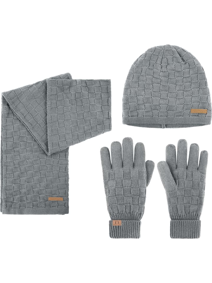 Set - Schal, Mütze und Handschuh aus Merinowolle Yuma in Grau