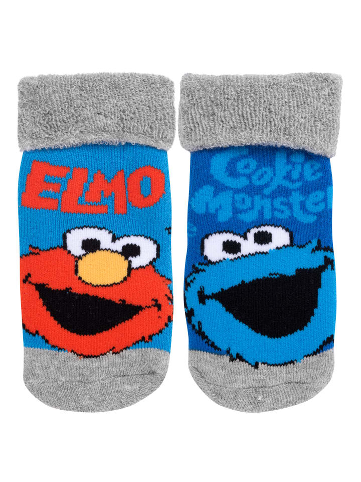 2er Pack Sesamstraße  - Krümelmonster ABS Rutschfeste Baby Socken in blau/grau
