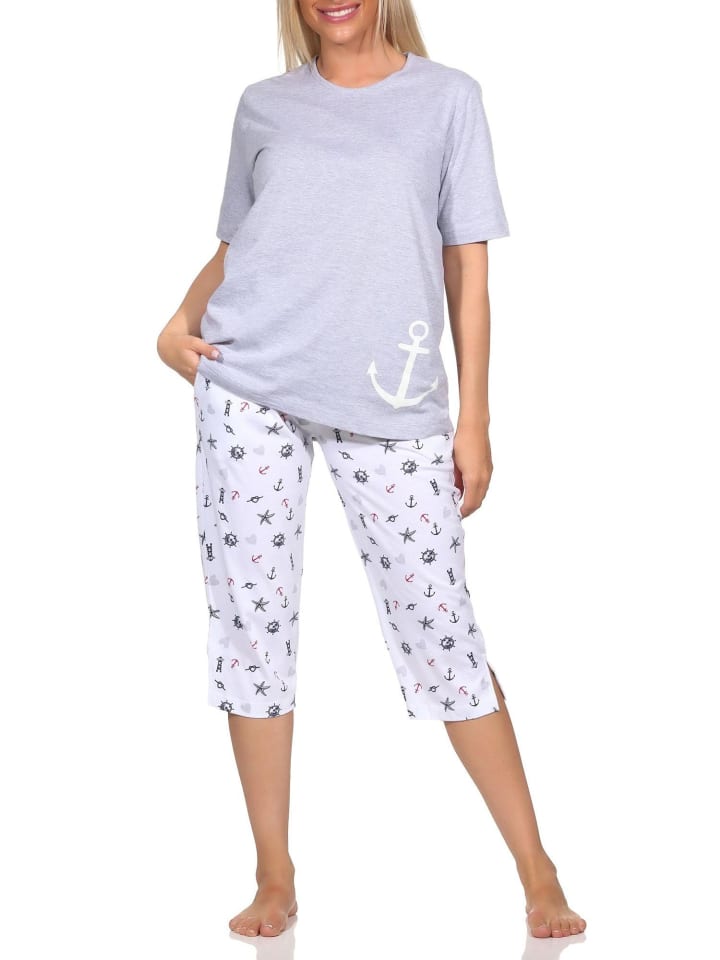 Kurzarm Pyjama Schlafanzug Shorty Maritimer Look in grau