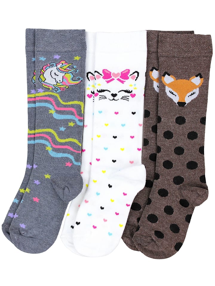 Mädchen Knielange Socken Gemustert 3er Pack in braun/grau