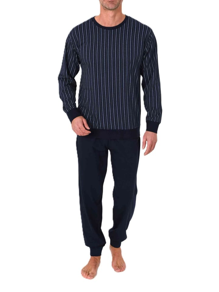 Langarm Schlafanzug Pyjama Bündchen Minimalprint in navy