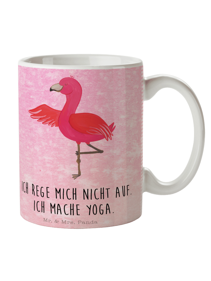 Kaffeetasse Flamingo Yoga mit Spruch in Aquarell Pink