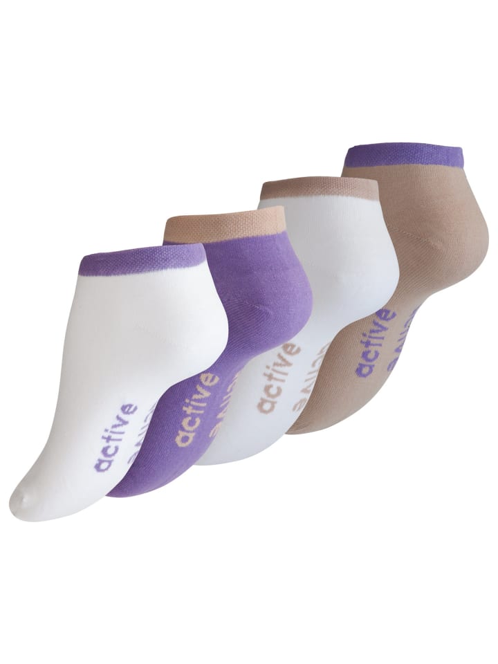 Sneaker Socken 8 Paar, mit "ACTIVE" Schriftzug in Weiss/Beige/Lila
