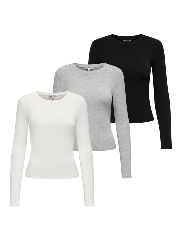 Longsleeve 3er Pack in Schwarz/Ecru/Grau