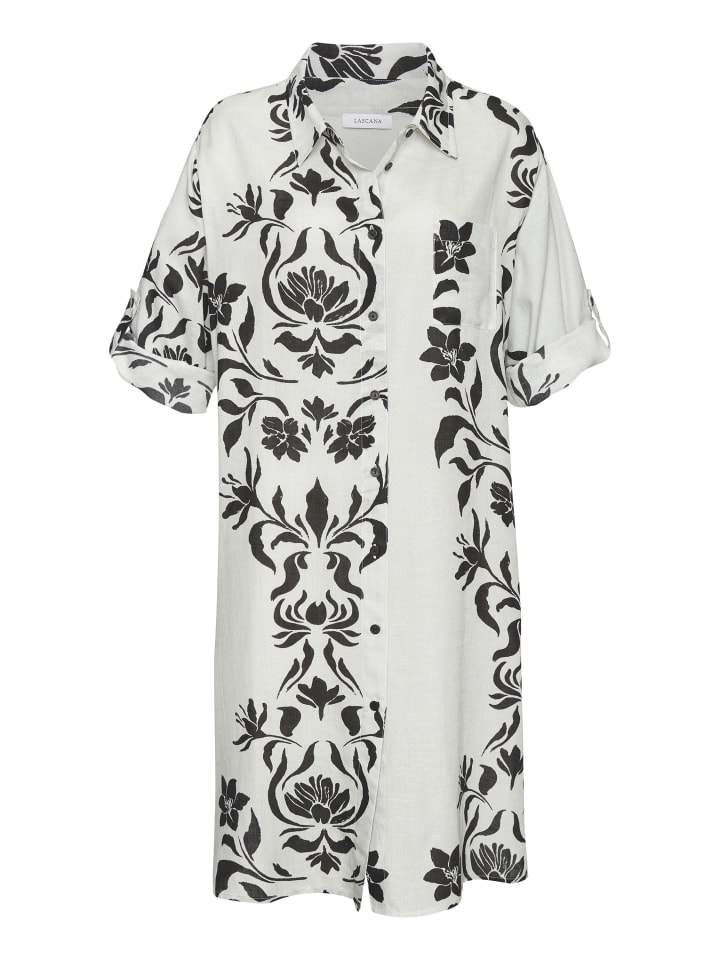 Longbluse in beige-schwarz bedruckt