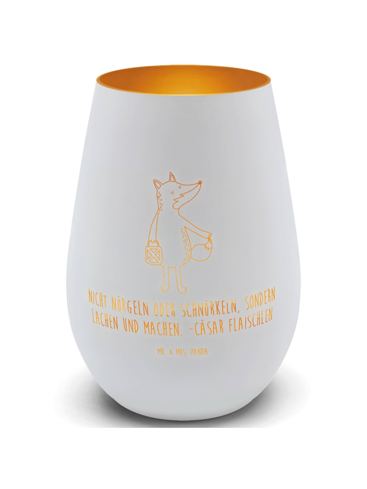 Teelichthalter Glas Fuchs Laterne mit Spruch in Weiß