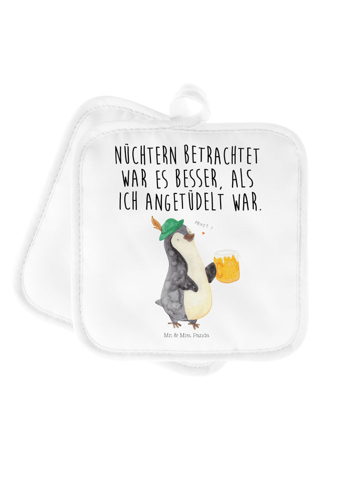 Topflappen Pinguin Bier mit Spruch in Weiß