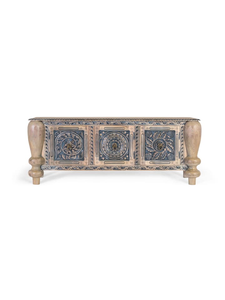 Sideboard aus massivem Teakholz mit Schnitzereien und stabilen Beinen in Blue