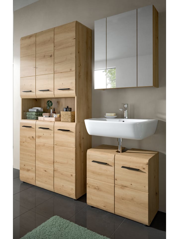 Badmöbel-Set Artisan Eiche, Badezimmer 3-teilig 165 cm mit 6-türigem Hochschrank