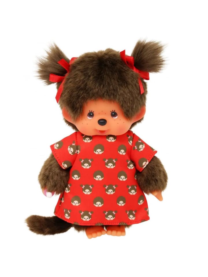 Mädchen im Monchi-Kleid | 20 cm Monchhichi Puppe | zwei rote Zöpfchen