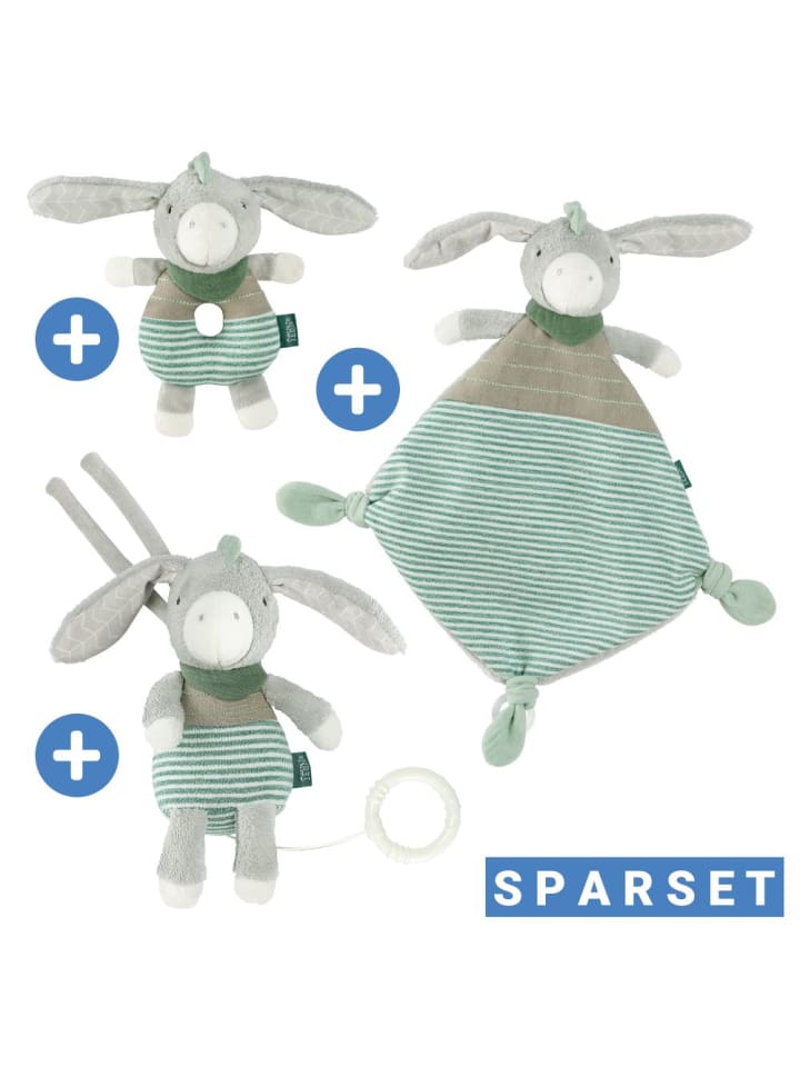 3-tlg. Geschenk-Set zur Geburt Eselchen in grau,gruen
