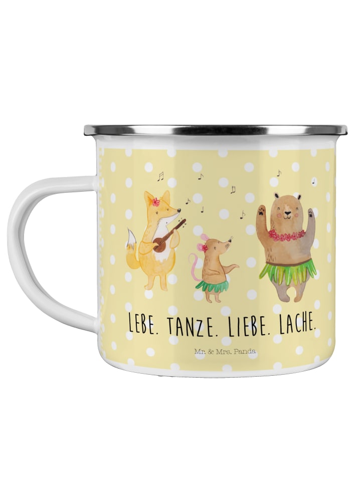 Emaille Tasse Waldtiere Aloha mit Spruch in Gelb Pastell