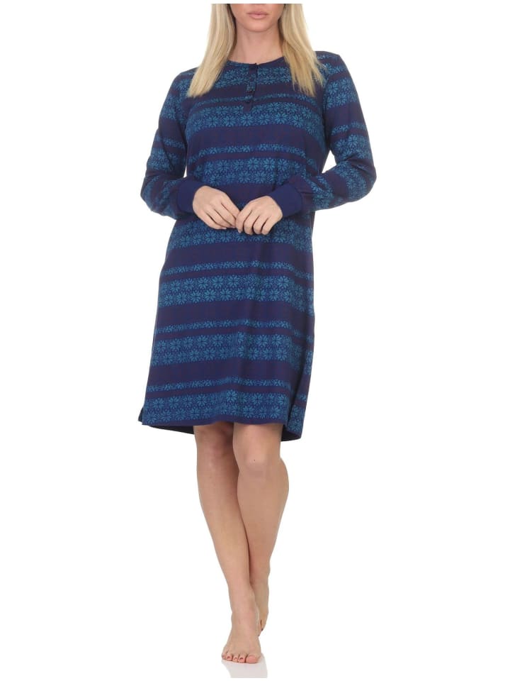Langarm Nachthemd Bündchen Ethnolook - 87537 in marine