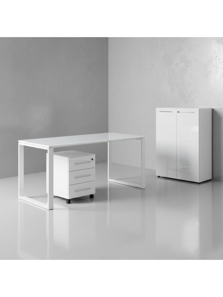 Büro-Set Schreibtisch Schrank Container Glasfront Modern in Weiß