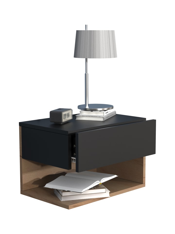 Wandschublade Wand Hänge Nachttisch Usal XL 45cm in Schwarz / Honig-Eiche