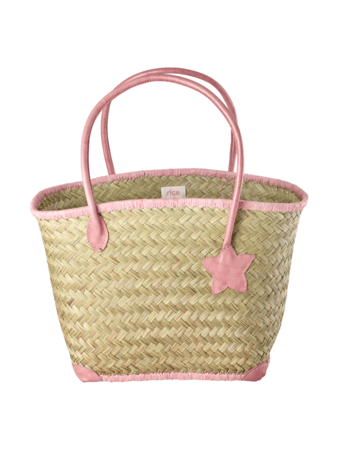 Basttasche groß mit Ledergriffen in pink