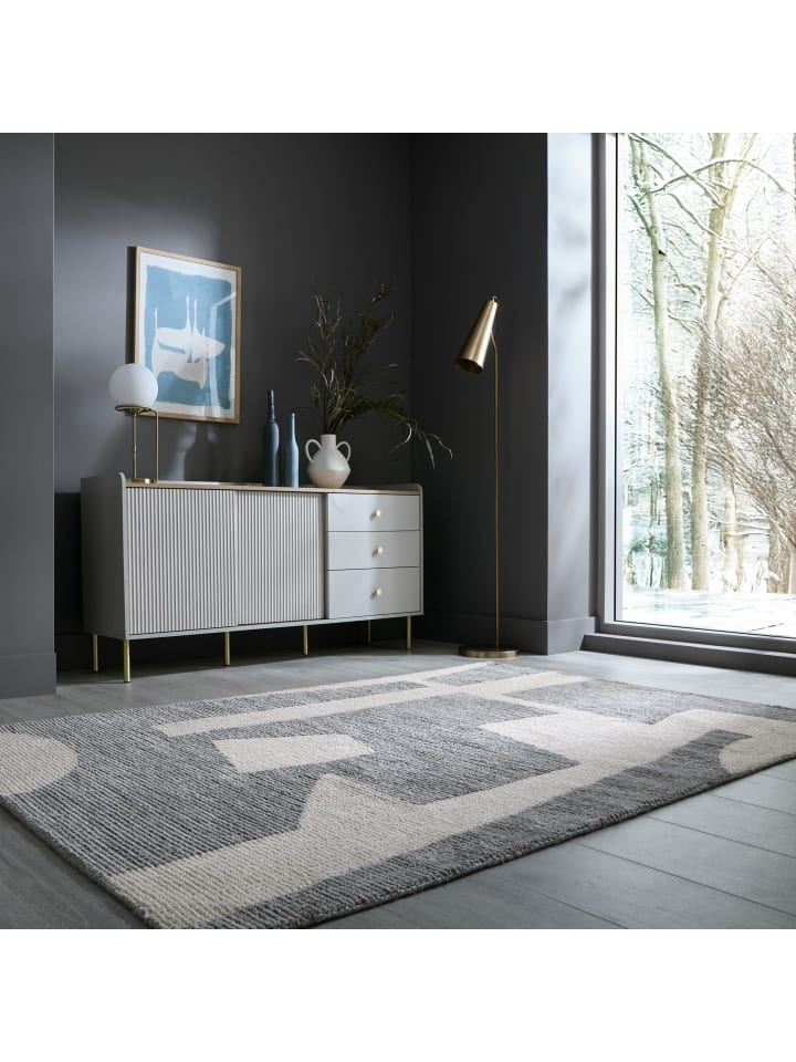 Teppich Kurzflor Strapazierfähig ARLEN Collage Muster Wohnzimmer in Grau-Beige