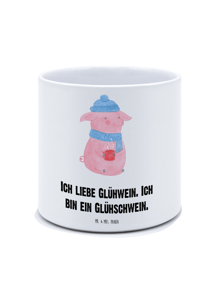 Blumentopf Groß Schwein Glühwein mit Spruch in Weiß
