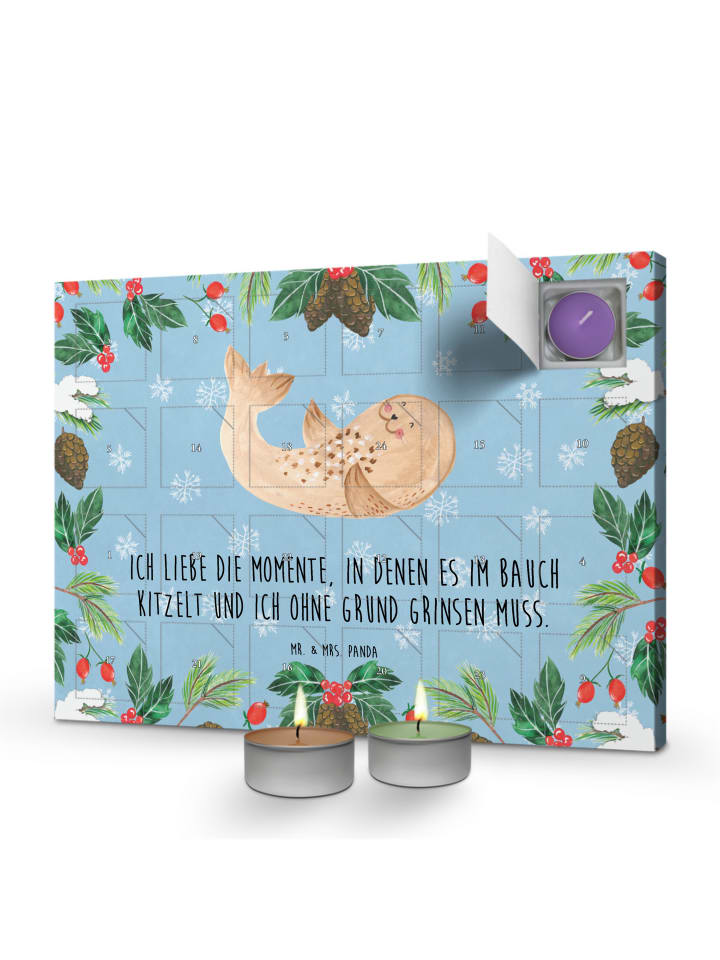 Adventskalender Robbe Liegen mit Spruch in Eisblau