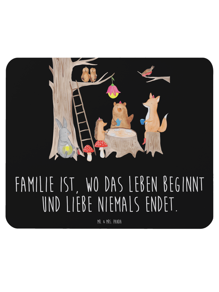 Mauspad Waldtiere Picknick mit Spruch in Schwarz