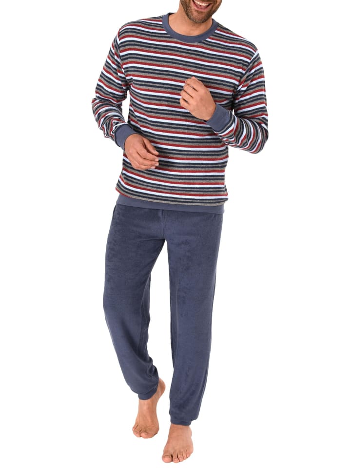 Frottee Pyjama Bündchen Schlafanzug Streifen - 49765 in blau