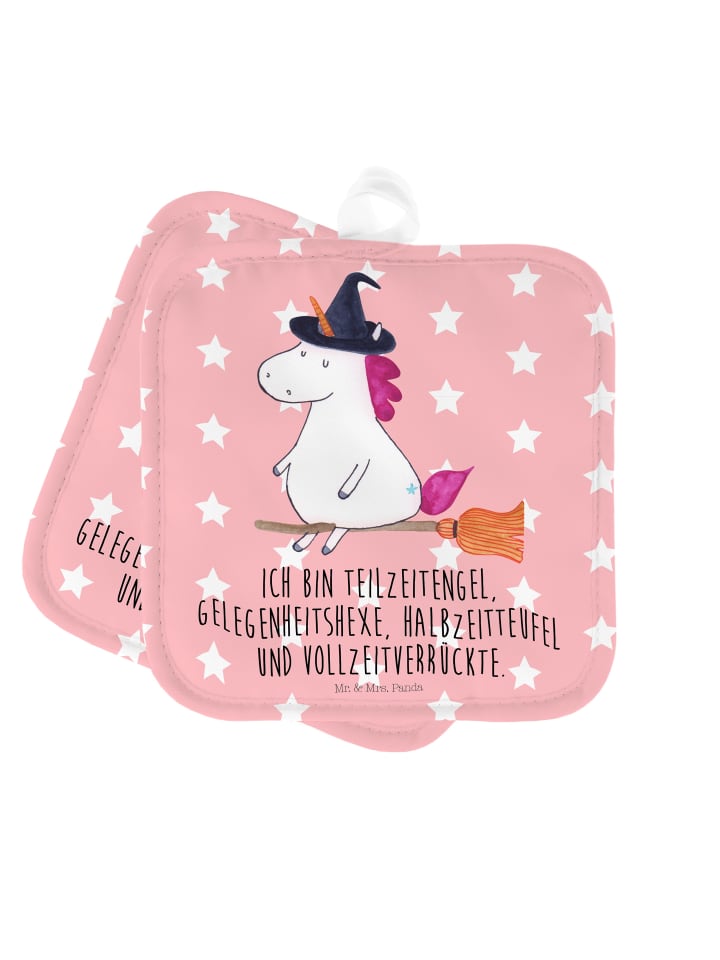Topflappen Einhorn Hexe mit Spruch in Rot Pastell