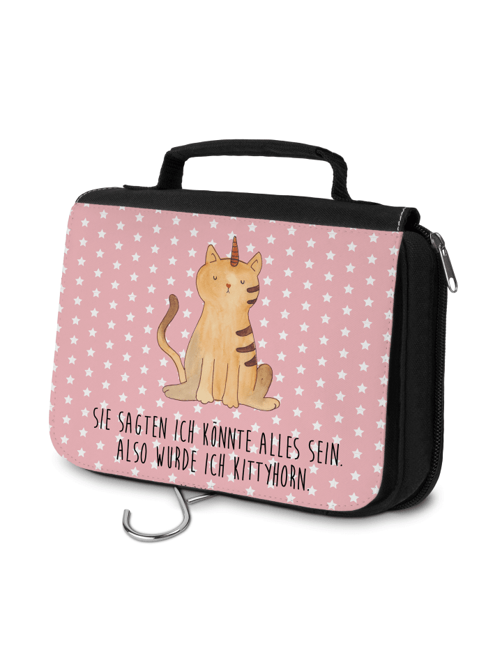 Kulturbeutel Einhorn Katze mit Spruch in Rot Pastell
